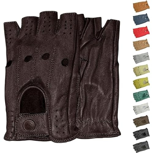 German Wear Driving Halbfinger Fingerlose Autofahrer-Handschuhe Lederhandschuhe (Dunkelbraun, 7=S)