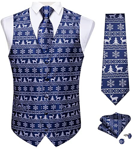 DiBanGu Herren Weihnachtsanzug Weste für Männer Urlaub Thema Weste formelle Weste und Krawatte Set mit Taschentuch Manschettenknöpfe, Blau 157, X-Large