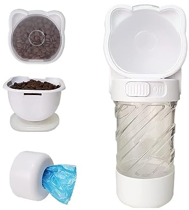 Petsoigné 3 in 1 Dog Water Bottle Portable Pet Water Bottle with Food Container, Disposable Bags and Portable Fecal Shovel for Outdoor Walking, Travel (White)