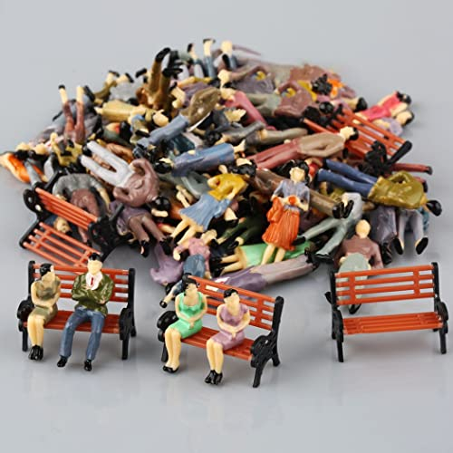 HpLive Lot de 50 figurines de personnes à l'échelle 1:50 - Figurines architecturales en plastique - Personnes assises et debout - 6 bancs de parc miniatures