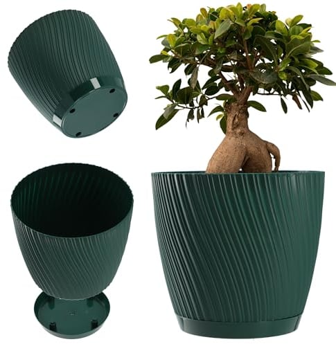 KADAX Pot de fleurs avec soucoupe - En forme de vague tridimensionnelle - En plastique - Pot décoratif pour fleurs, cactus et herbes - 17 cm - Vert