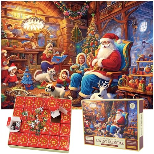 POPOYU Adventskalender Weihnachtspuzzle 2024,Adventskalender 2024 Kinder Erwachsene, Jigsaw Puzzle 1008 Teile,24 Boxen Adventskalender 2024 Jigsaw Puzzle für Mädchen Junge(50x70cm)