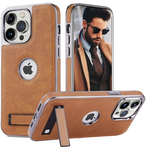 Furwabo Custodia per iPhone 14 Pro Max con Cavalletto,2 Modalità di Supporto Regolabili, Bordi Placcati di Lusso,Protezione Anticaduta di Livello Militare Sottile Cover per iPhone 14 Pro Max (Marrone)
