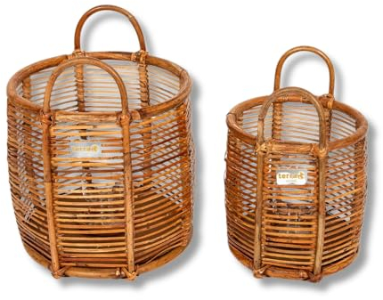 Terra Home Windlicht Set Rattan Ø35 H30 und Ø25 H26 Glas Kerzenhalter Bodenwindlicht 2 Stück