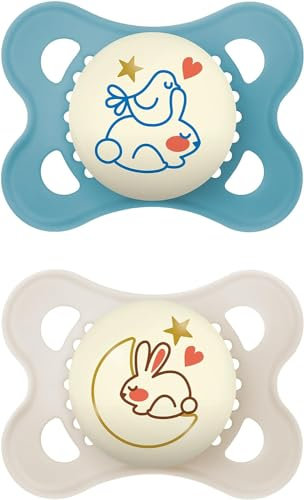 MAM Original Night Soothers | 0-6 Months | 2 Pack | Glow in The Dark | Comes in Dummy Steriliser Case | Baby Accessories for Newborn | Blue/Cream (Various Designs)