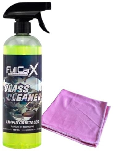 AutoFullCar – Glass Cleaner 750ml FullCarX Limpiacristales Coche Profesional + Bayeta para Cristales, Desengrasante, Antivaho, Brillo Duradero, Secado Rápido, Detailing Cristales Parabrisas Espejos