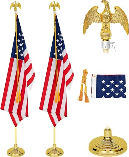 Indoor Flag Pole Kit - Telescoping 6FT-8FT Flag Pole with Base, 3x5 FT American Flag, Golden Eagle, Yellow Pendant - Glod Flagpole and Stand, for Office School City Hall (2 Pack)