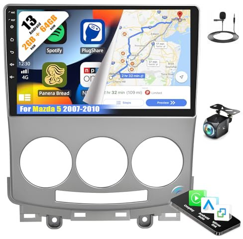 [2+64G] Autorradio Android 13 para Mazda 5 2007-2010 con Carplay Android Auto, autorradio con Pantalla táctil de 9 con GPS WiFi FM/RDS Bluetooth Mirror Link+AHD cámara de visión Trasera&Mic