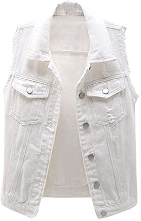 IQYU Chaleco vaquero para mujer, sin mangas, de gran tamaño, vaquero, sin mangas, corte ajustado, chaqueta vaquera destruida, chaleco vaquero con botones, Blanco, XXL