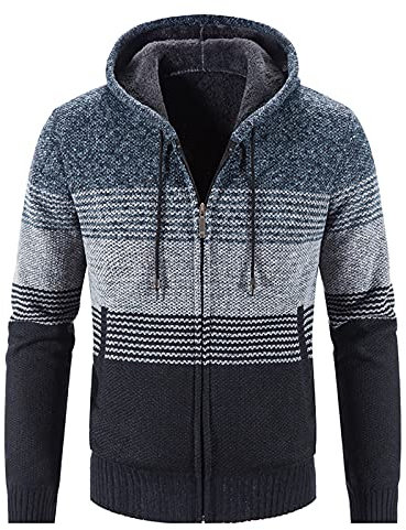 Mens Hoodie Knitted Cardigan Fleece Lined Knit Sweater Jacket Full Zip Long Sleeve Chunky Knitwear Drawstring Hoody Jumper Autumn Winter Thick Warm Coat Casual Fashion Outerwear Top