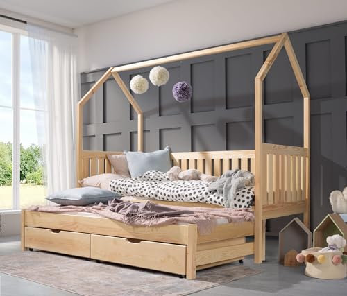 KEF-MEBLE Bett Domi Haus Ebenerdig Doppelbett mit Zwei Schubladen Kinder – Kinderbett – Massives Kiefernholz – Lackiert – Höhe 173 cm - 80x180 Ohne Rausfallschutz Mit Matratze