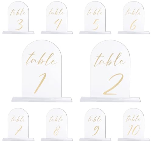 PATIKIL Wedding Table Numbers 1-10 Frosted Background Gold Text | 6x4,Acrylic Display Signs and Holders for Weddings Receptions with Stands Parties Events Centerpiece