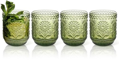 Qudubuy Glass Drinking Tumblers Set of 4-12oz/360ml Vintage Floral Embossed Heavy Duty Glasses for Water, Juice, Beer, Whisky, Cocktails (Green)