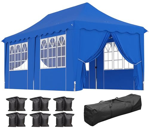 Outsunny Carpa Plegable Pop-up Gazebo 6x3x3,15 m Cenador Plegable con 6 Paredes Laterales Anti-UV Altura Ajustable Bolsa de Arena y Bolsa de Transporte para Camping Fiestas Azul