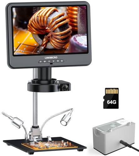 LINKMICRO 4K 30FPS 10.1'' HDMI Digital Microscope with Screen for Soldering LM208S, 3840P UHD Video Audio, 1500X 4K Coins Microscope Camera for Adults, 56 LED Ring Light, Full Coin View, PC View, 64G