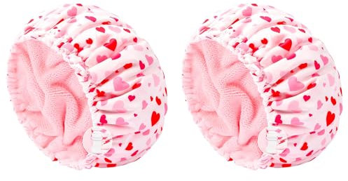 Cuffia da doccia foderata in spugna da donna, confezione da 2, grande cuffia da bagno impermeabile con fascia elastica, morbida e riutilizzabile, per capelli lunghi e spessi (rosa)