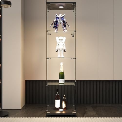 JYNVO Vitrina de Cristal Expositora Alta de 4 Niveles con Luz LED Multicolor y Cerradura, Armario de Cristal Transparente para Colecciones y Figuras, 164x42.5 cm, Negro