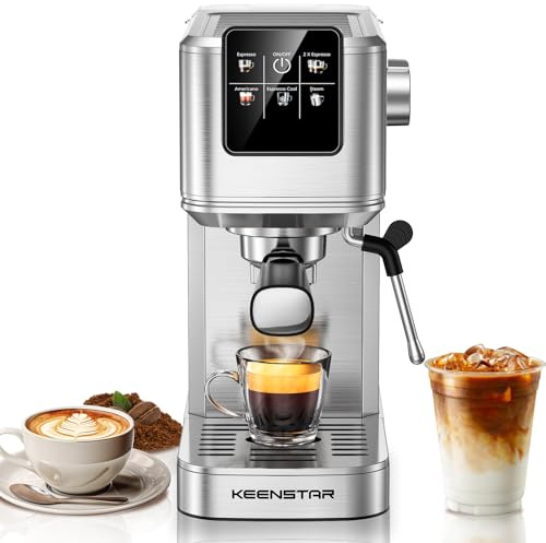 KEENSTAR 20Bar Espressomaschine mit Heißes & Rapid Cold Brew, Edelstahl Kaffeemaschinen, Espressokocher mit Milchaufschäumer Dampfstab, Touchscreen mit Wassertank für Latte, Cappuccino, Geschenk