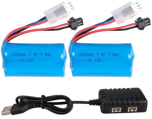 2Piezas 7,4 V, 1000 mAh, 2S Batería Li-Ion (USB Cargador y SM-2P Conector) Compatible con WPL MN D90/91, Coche RC 99/99s D12, Barco Teledirigido H101 y Lanzadores de Bolas de Gel Ansky