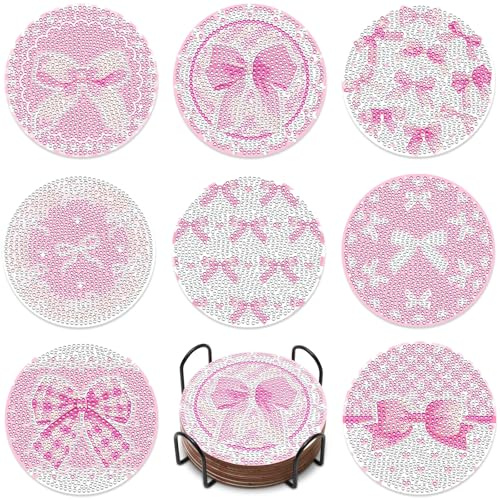 8-teiliges Set rosa Schleifen-Diamant-Untersetzer, DIY-Diamant-Untersetzer-Set für Büro, Zuhause und Küche, Untersetzer mit Schleifen und Diamanten zum Selbermachen