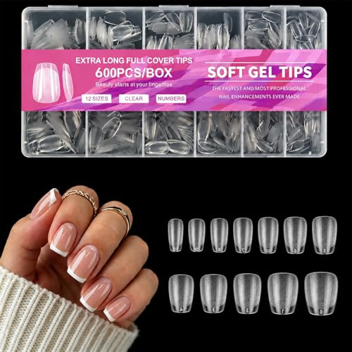 600PCS Transparent Full Cover Fake Nail Square Soft Gel Nail Tip, 12 Sizes of Acrylic Nail Tip for Nail Extension, Suitable for Nail Salon and DIY Nail Set.
