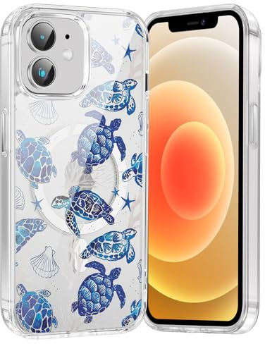 Saqmkil Handyhülle Magnetische für iPhone 12/iPhone 12 Pro Hülle,Aesthetic Sommer Meer Schildkröte Collage Muster Bunt Mädchen Case Kompatibel mit MagSafe, Transparent Silikon Stoßfeste Schutzhülle,05