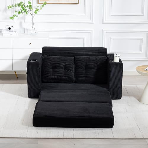 Rosebibi Zweisitziges, rahmenloses Sofa aus Cordstoff mit Getränkehaltern und Seitentaschen, umbaubarer Doppel-Sitzsack, großes Sofa mit gesteppten Kissen und Rückenlehne, Schwarz