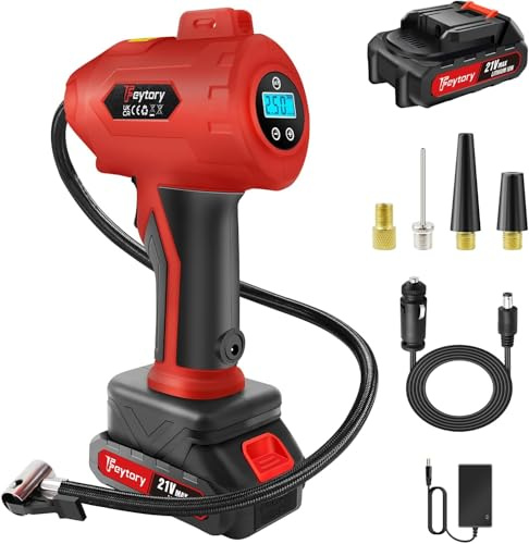 Cordless Tyre Inflator Air Compressor,21V Rechargeable Battery Powered 180PSI Portable Handheld Car Tyre Pump with LED Light &Digital Pressure Gauge & 3 Nozzles Suitable for Car Motorcycle Bicycle,Red
