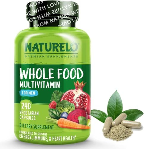 NATURELO Whole Food Multivitamin for Men | 240 Capsules | 2 Months | 12 Whole-Food Ingredients | Botanicals, CoQ10 & Live Cultures | Methylated Folate & B12 | Four a Day