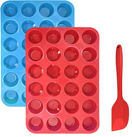 Sourceton Muffin-Backform für 24 Muffins und Spatel, 3-teiliges Set mit Muffinbechern und Spateln,antihaftbeschichtet,flexibel,Cupcake-Pfannen,Geschirrspüler,Backofen,mikrowellengeeignet-Blau + Rot