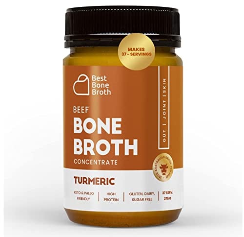 Best Bone Broth Premium Beef Bone Broth Concentrate Turmeric Flavour - 100% Sourced from Grass Fed, Pasture-Raised Cattle - Protein and Collagen - Soup, Stocks and Sauces - 375g (37 Servings)