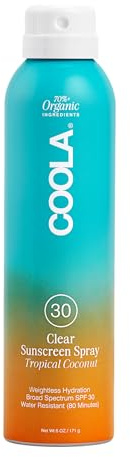 COOLA Organic Sunscreen SPF 30 Sunblock Spray, Dermatologist Tested Skin Care for Daily Protection, Vegan and Gluten Free, Tropical Coconut, 6 Fl Oz