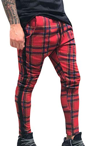 SOMTHRON Pantalon de loisirs pour homme Coupe slim à carreaux avec cordon de serrage - Rouge - Large