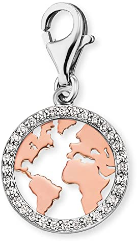 Engelsrufer Damen-Charm in Form einer Weltkarte, aus 925er Sterling Silber, mit Zirkonia Steinen, Karabinerverschluss, Größe: 13,8 x 11,7 cm, ERC-WORLD-BICOR-ZI