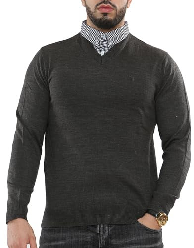 NOROZE Men's Jumper Mock Collar Knitted V-Neck Plain Classic Sweater Pullover Knitted Sweatshirt (L, Charcoal)