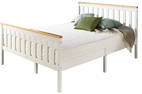 Aspire Beds Atlantic Solid Wood White Shaker Bed Frame with Natural Wood Highlights (Single (90 x 190 cm))