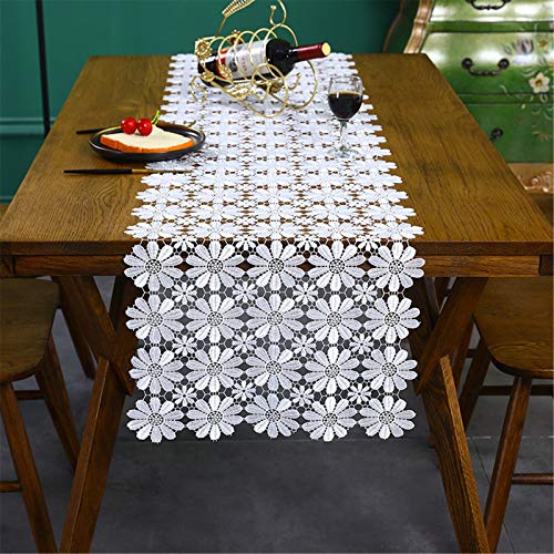 SWECOMZE Tischdecke Vintage Boho Weiße Blumen Spitze Makramee Tischdecken Handmade Crochet Lace Tischläufer für Hochzeit Dekor (40 x 120cm)