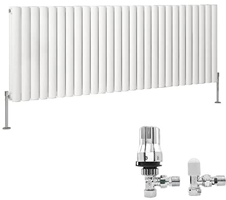 NRG 600x1593mm Gloss White Designer Radiator Horizontal Oval Column Double Panel Radiators Bathroom Central Heating with Free Thermostatic Valves