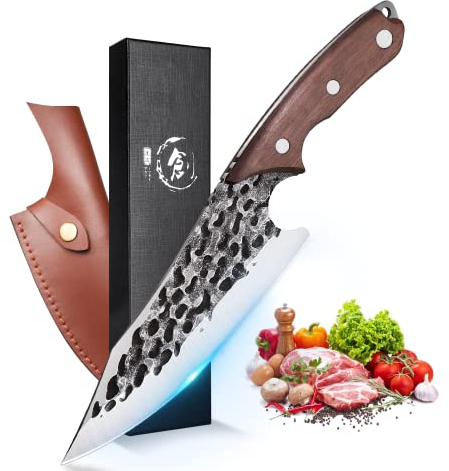 DRAGON RIOT Kochmesser Japanisch Wikinger Messer Handgeschmiedet Chefmesser Profi Küchenmesser Scharf Grillmesser Outdoor Messer mit Scheide Japanisches Messer für Küche Camping Grill BBQ