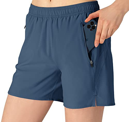 donhobo Damen Sweat Shorts Sport Kurze Hose Yoga Trainingsshorts für Laufsport mit Reißverschlusstaschen (Grau Blau, XL)