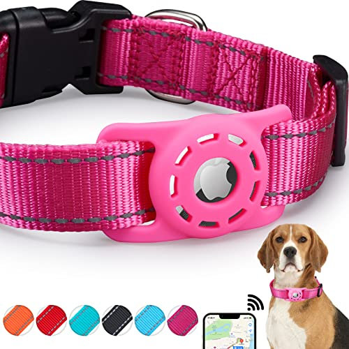 Konity AirTag Katzenhalsband, kompatibel mit Apple Airtag, Nylon-Halsband für Kätzchen, Welpen, mit Silikonhalterung für kleine Hunde, Rosa, Größe XS: 20,3 - 30,5 cm Halsumfang