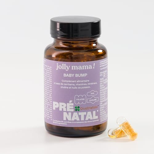 Baby Bump Multivitamines Grossesse avec DHA, Choline et Vitamine B9 Active Quatrefolic® - 15 Actifs Bioactifs pour la Santé de Maman et Bébé - Pot Recyclable - Fabriqué en France, Jolly Mama
