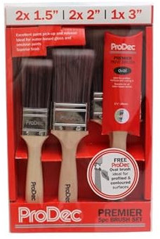 ProDec 7 piece Premier Trade Synthetic Paint Brush Set for a Smooth Finish with Emulsion, Gloss, Satin Paints on Walls, Ceilings, Wood, Metal, 2x 1.5, 2x 2, 1x 3 inch + Free 1.5 Oval Brush