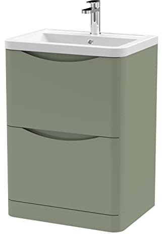 nuie LUN801A Lunar Modern Bathroom Floor Standing 2 Drawer Vanity Basin Unit with Ceramic Basin, 600mm, Satin Green