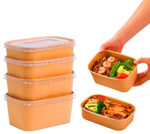 50x Kraft Brown Takeaway Paper Bowls with Lids | Reusable Stackable Food Storage Soup Salad Containers Deli Tubs Lid Heavy Duty | Recyclable Meal Prep box for Lunch safety (Rectangular 750ml)