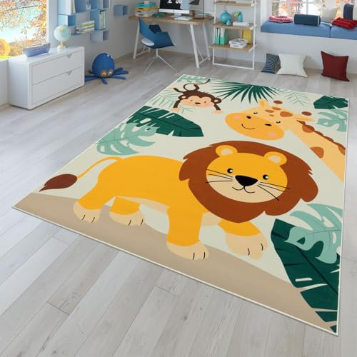TT Home Kinderteppich Babyzimmer Teppich Kinderzimmer rutschfest Tiere Weltkarte Autos, Farbe:Grün Beige Blau, Größe:80x150 cm