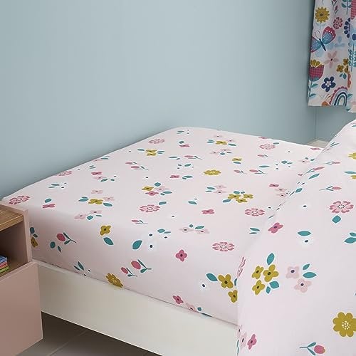Happy Linen Company Girls Boys Kids Flower Garden Butterflies Pink Single Fitted Sheet Bedsheet Bedding Bed Linen