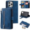 UEEBAI Wallet Case for iPhone 15 Pro Max 6.7 inch, Retro 9 Card Holder Slots Zipper Pocket Handbag Case PU Leather Magnetic Closure Kickstand with Wrist Strap TPU Shockproof Flip Case - Blue