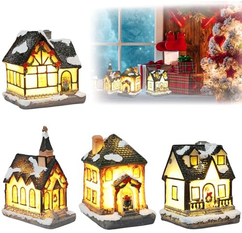 Leikurvo Weihnachtsdorf mit Beleuchtung, 4 Stück LED Beleuchtung Weihnachtshäuser 3D Weihnachtsdeko mit Batterie, Weihnachten Deko Lichthäuser Weihnachtsstadt Weihnachtslaterne mit Schneedekoration