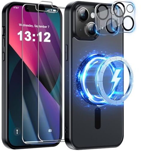 Natiiozie 5 in 1 für iPhone 13 Hülle Kompatibel mit MagSafe, Handyhülle für iPhone 13 mit 2 Schutzfolie und 2 Kameraschutz, Militärnorm PC Rückseite Magnetische Schutzhülle 6,1'' Schwarz